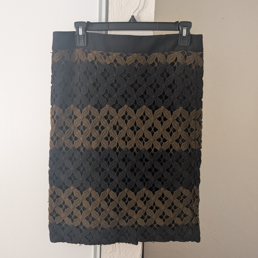 LOFT Black and Olive Lace-Striped Pencil Skirt